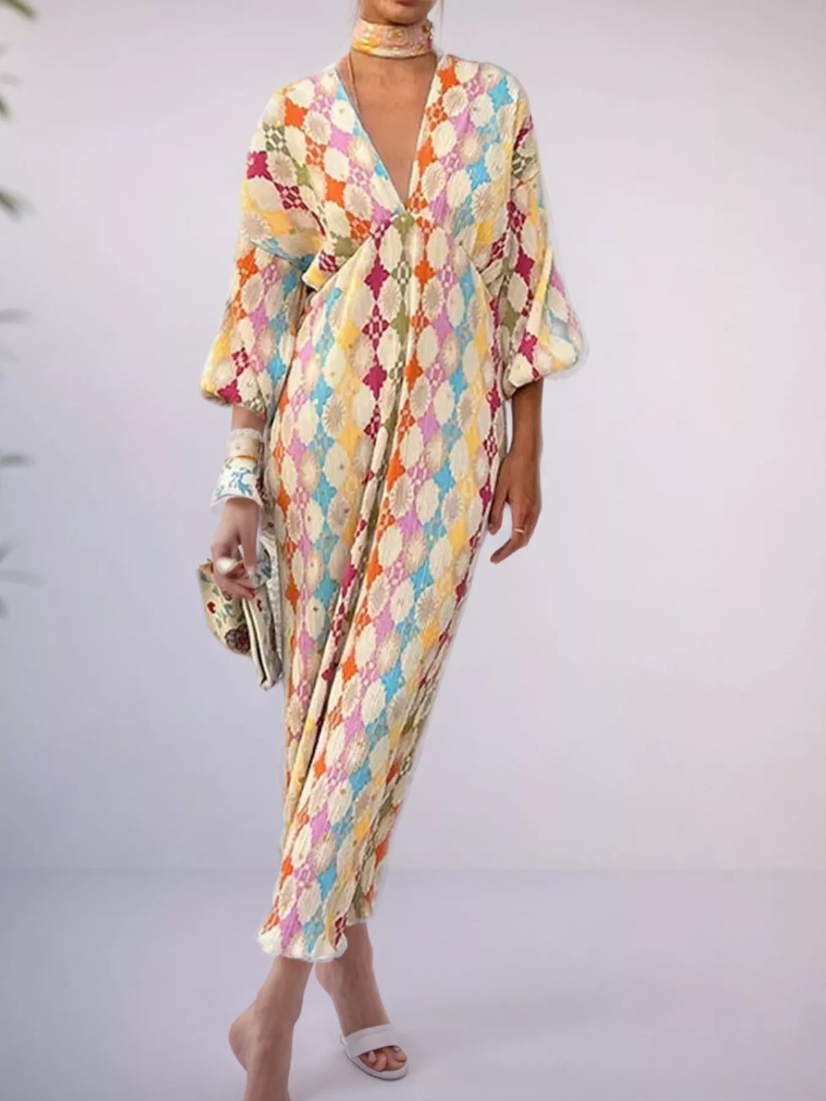 Geometric Print V-Neck Maxi Dress in Multicolor