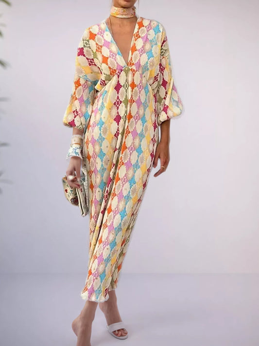 Geometric Print V-Neck Maxi Dress in Multicolor