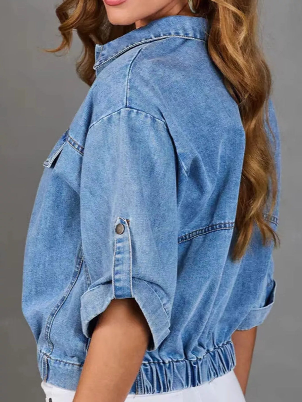 Elastic Hem Denim Jacket with Roll-Up Sleeves in Blue