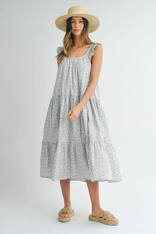 Floral Ruffle Shoulder Tiered Midi Dress in Blue