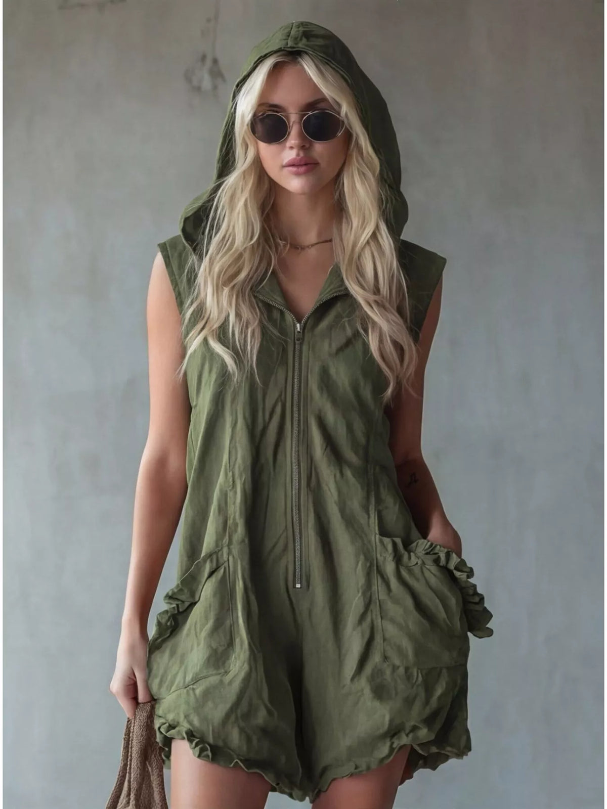 Hooded Zipper Romper with Ruffled Pockets