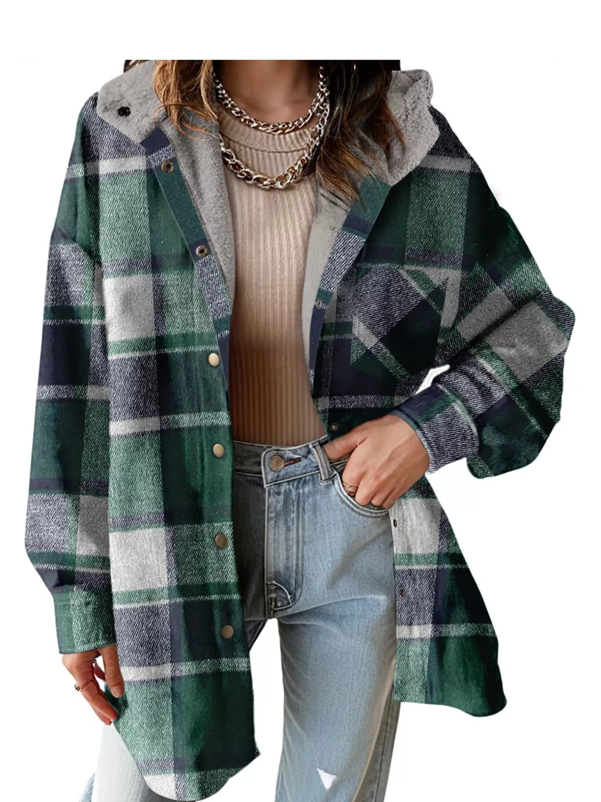 Plaid Hooded Button-Up Jacket