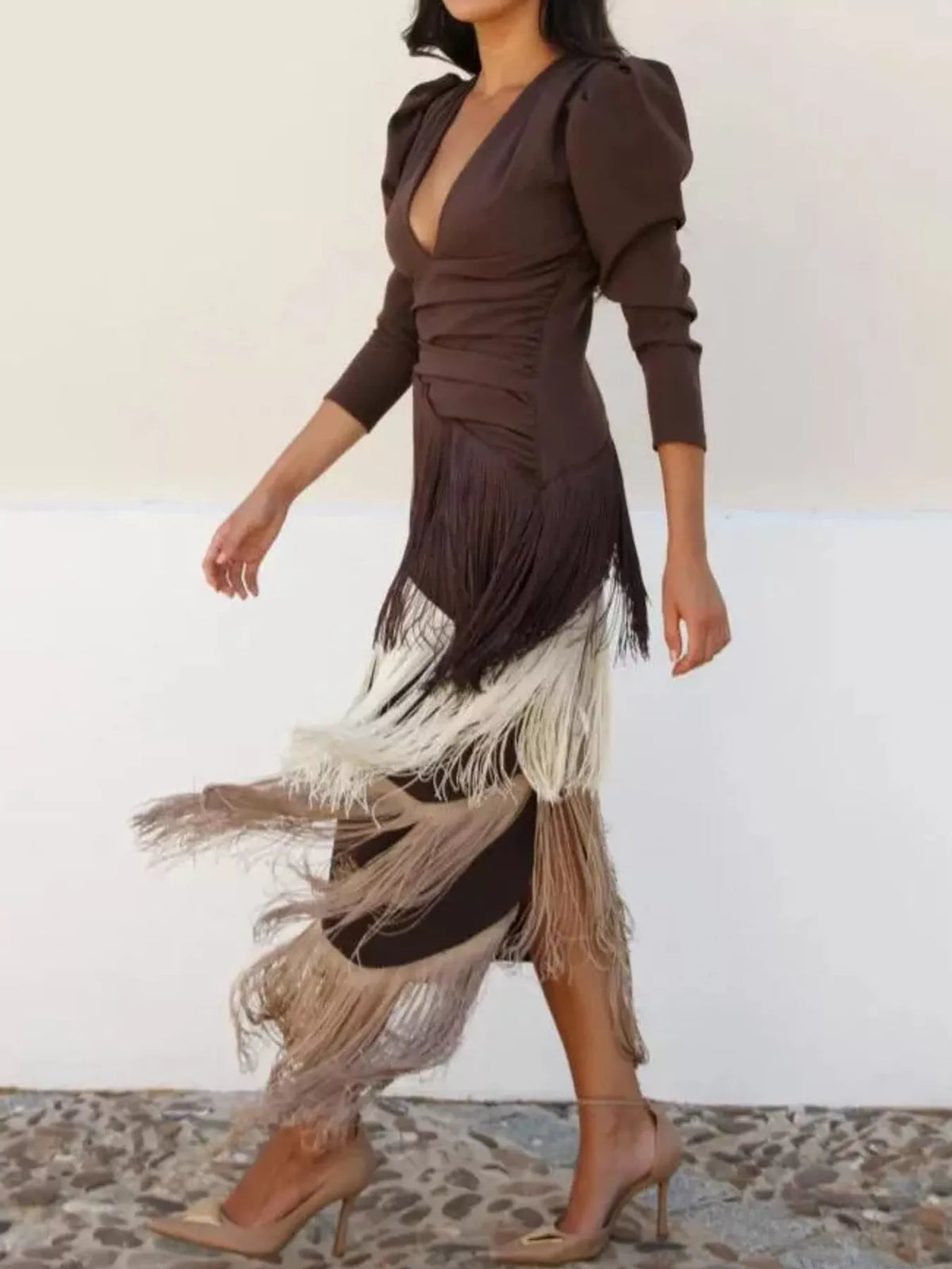Fringed V-Neck Puff Sleeve Maxi Dress