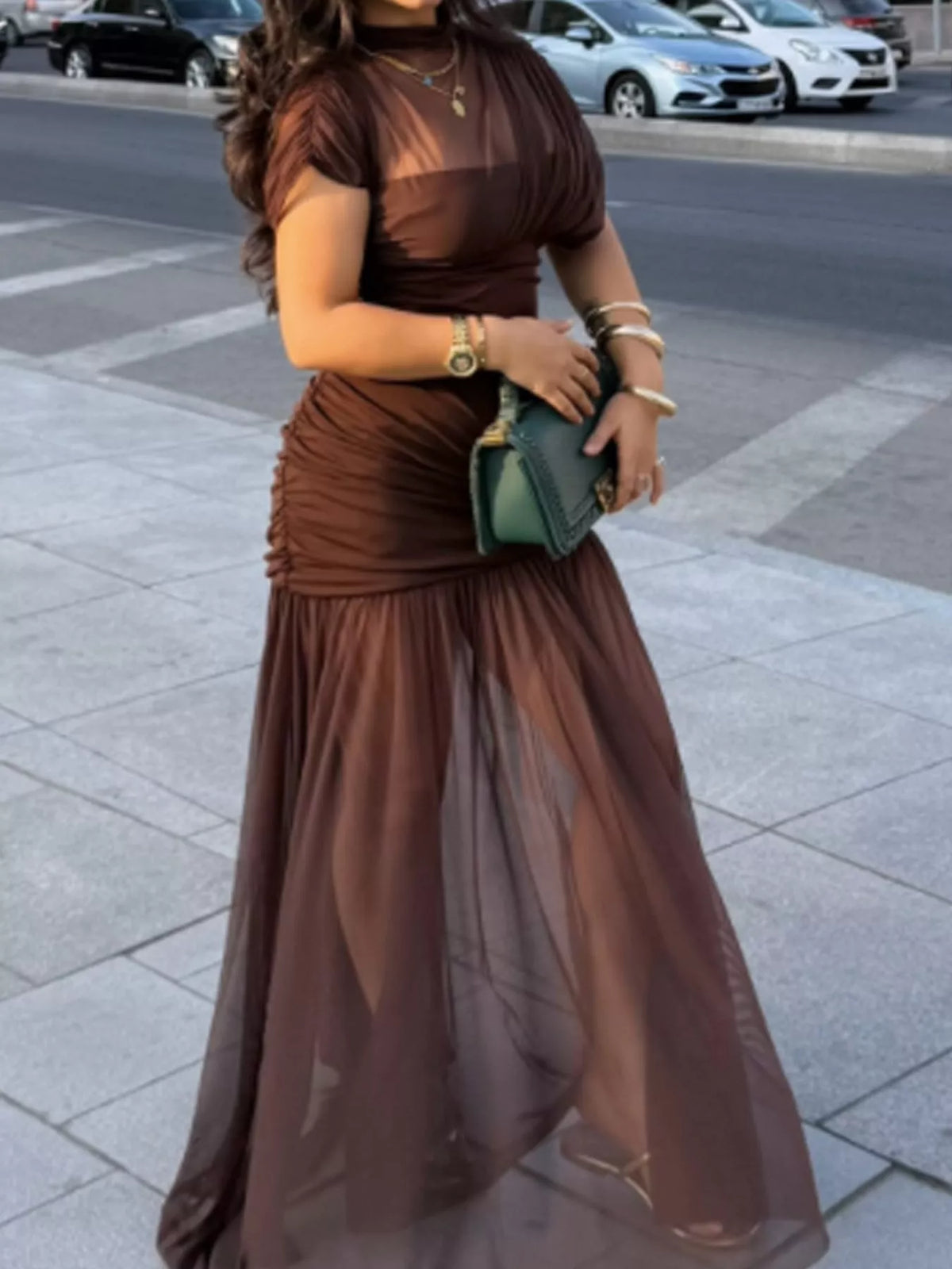 Mock Neck Ruched Mesh Maxi Dress
