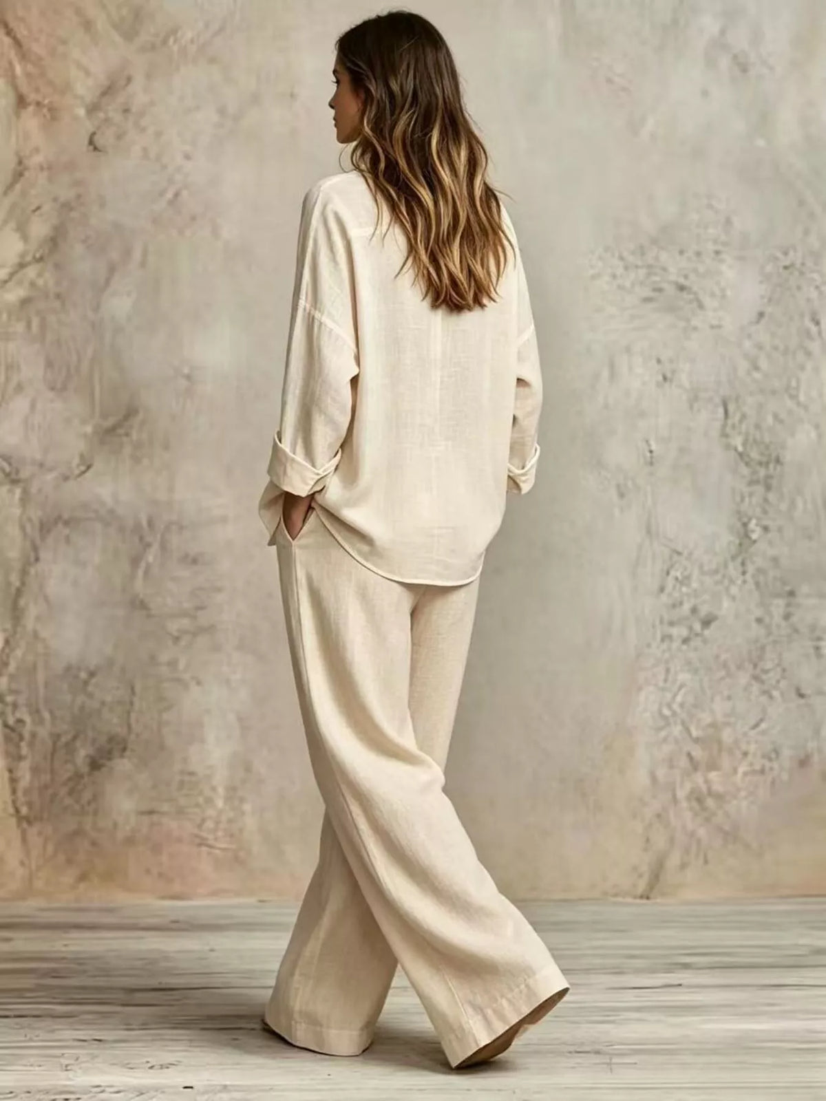 Button-Down Shirt and Wide-Leg Pants Set