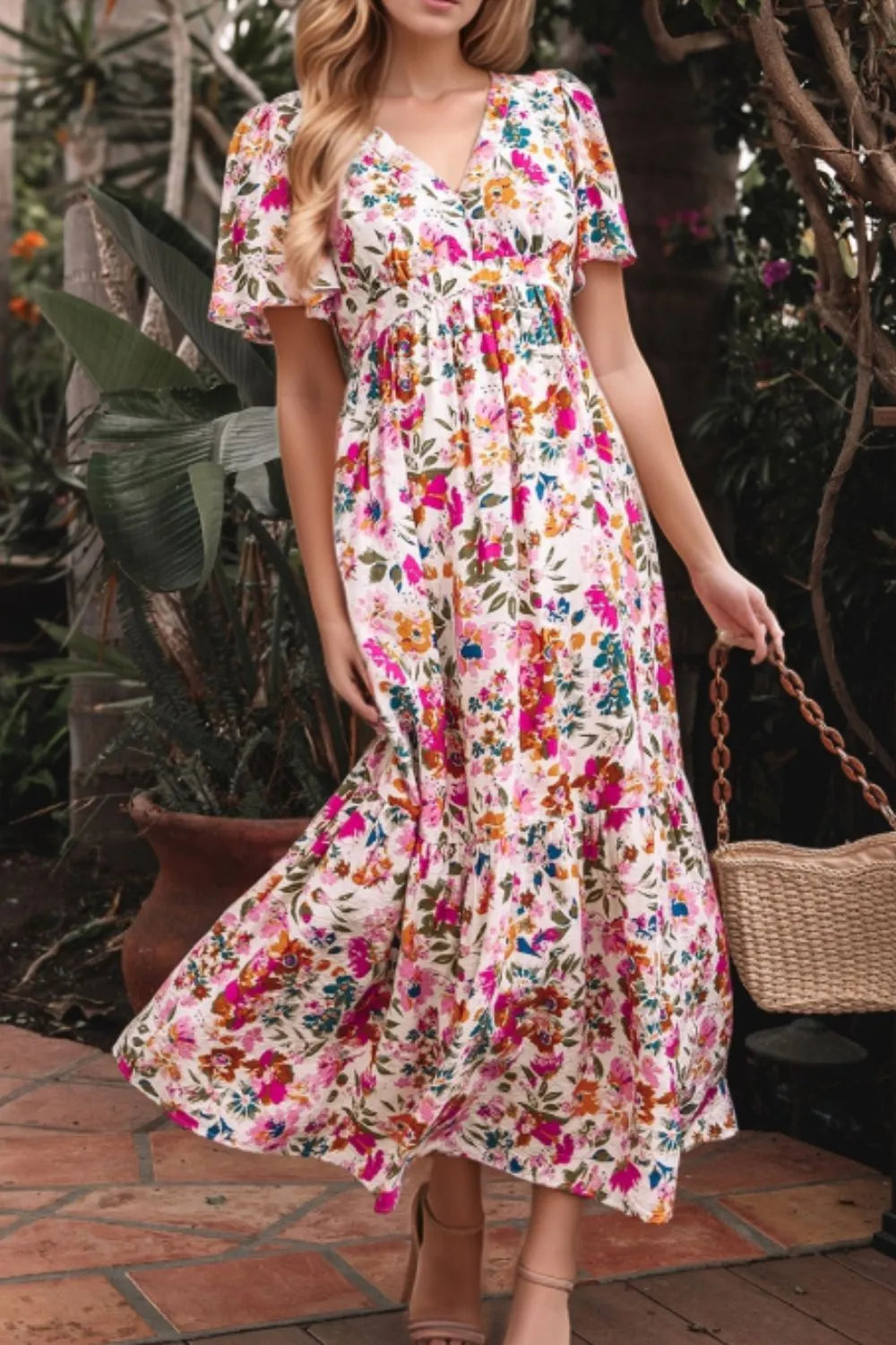 Floral V Neck Dress with Pockets