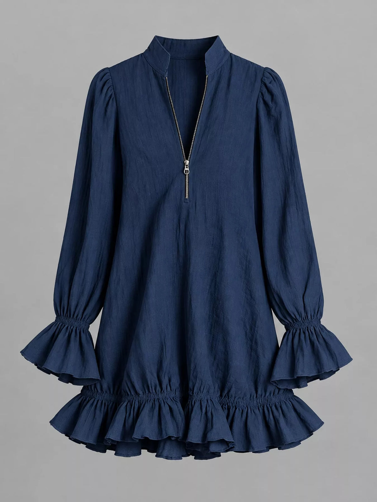 Zipper-Front Ruffle Hem Mini Dress