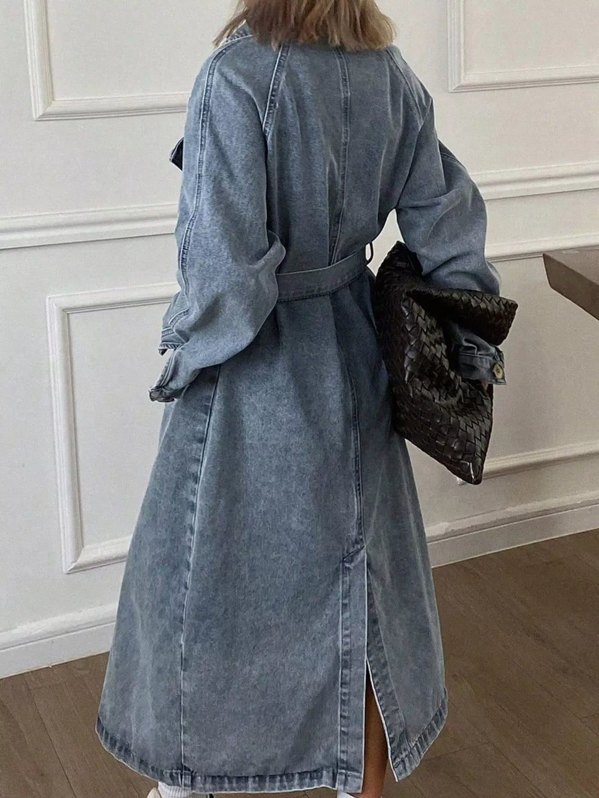 Longline Washed Denim Trench Jacket in Blue