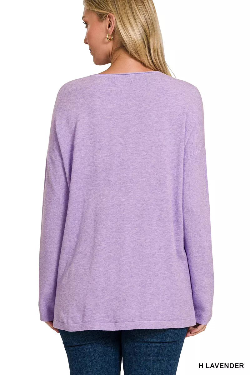 Zenana Long Sleeve Sweater with Front Pockets in Lavender in H lavender