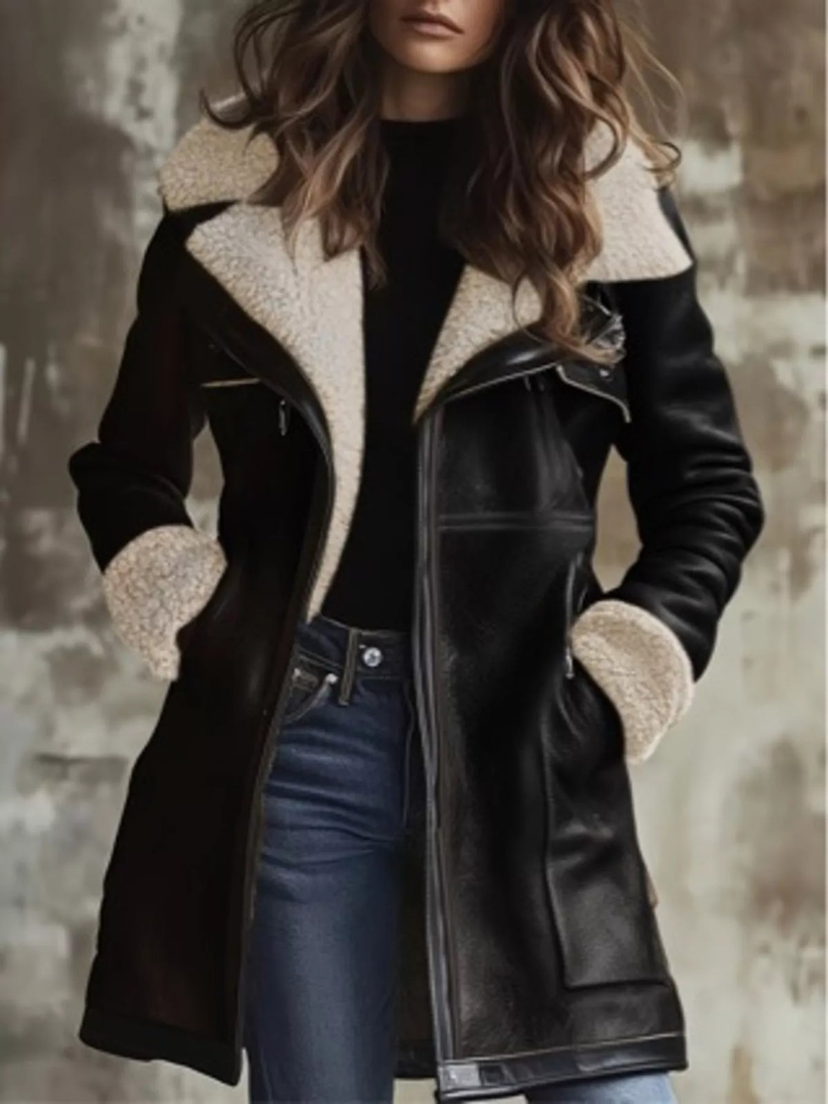 Zip-Up Sherpa Leather Jacket with Pockets