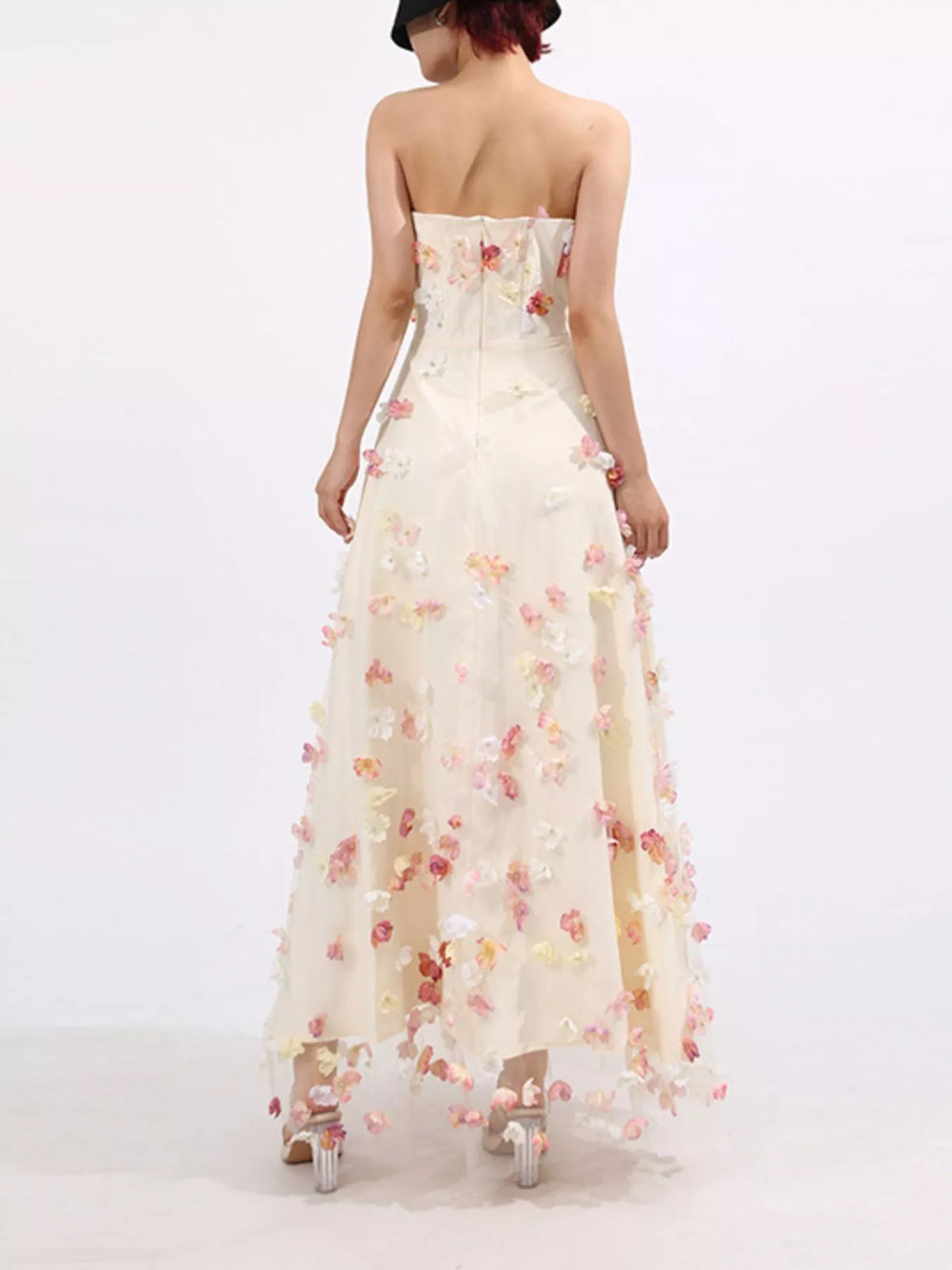 Floral Applique Tulle Maxi Dress in Apricot