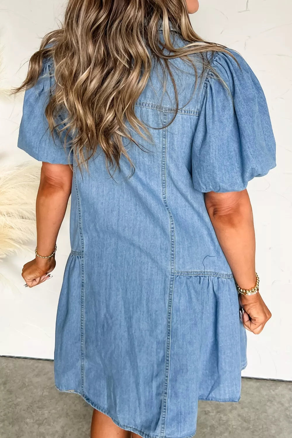 Puff Sleeve Ruffle Hem Denim Shirt Dress in Light Blue