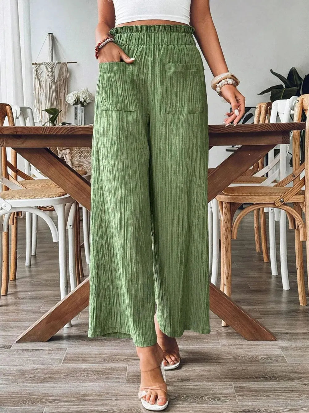 Elastic Waist Wide Leg Pants with Pockets