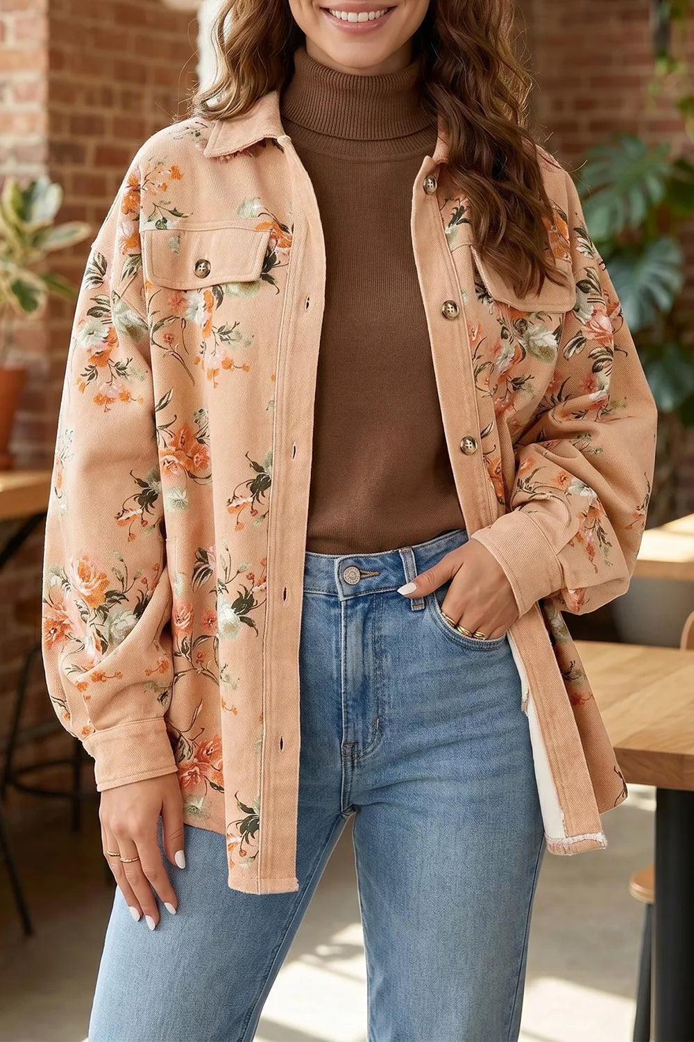 Floral Print Denim Jacket in Tan