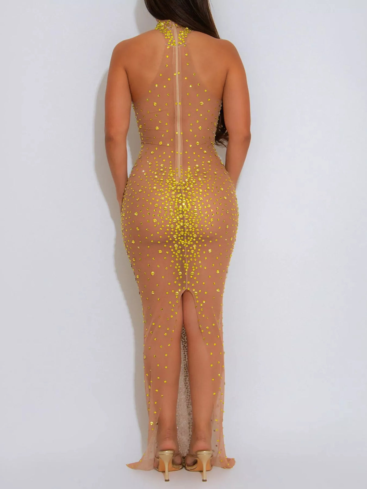 Rhinestone Embellished Mesh Dress with Back Slit in Gold