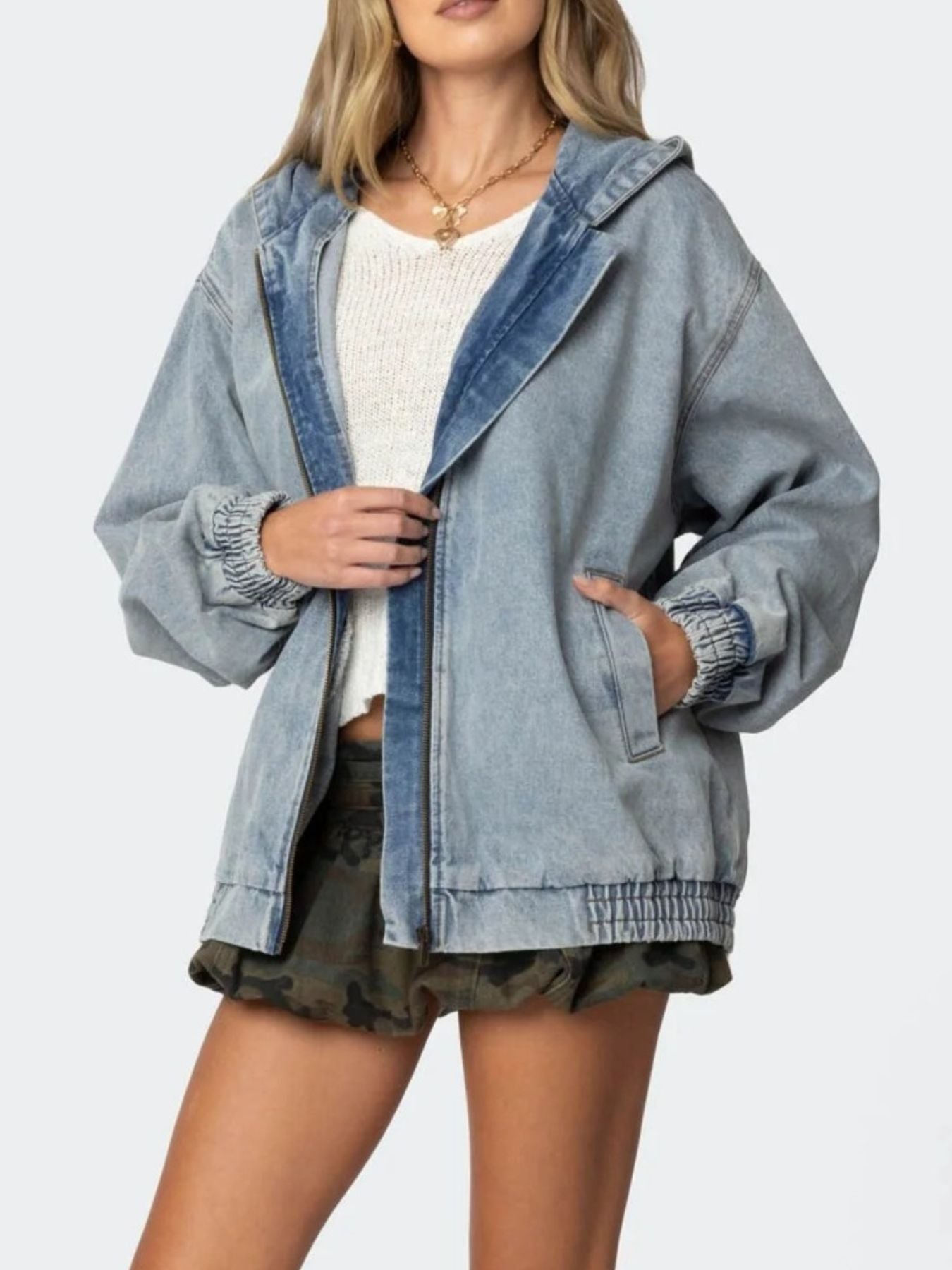Hooded Oversized Zip-Up Denim Jacket in Light Blue by Dreamy Drapes