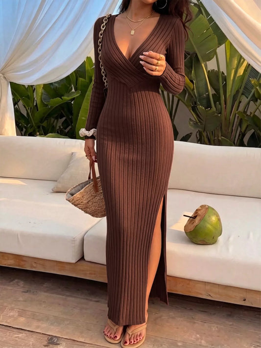 Ribbed Knit Maxi Dress in Coffee Brown