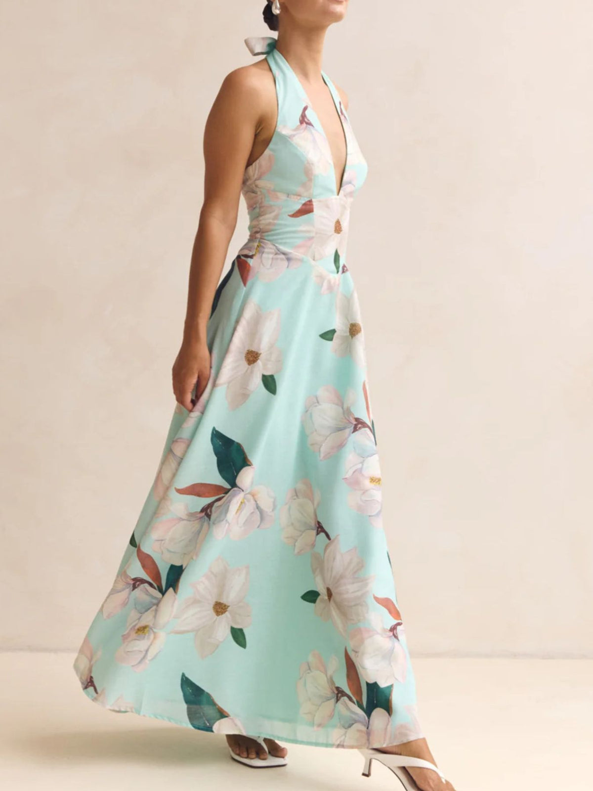 Floral Print Lace-Up Halter Maxi Dress