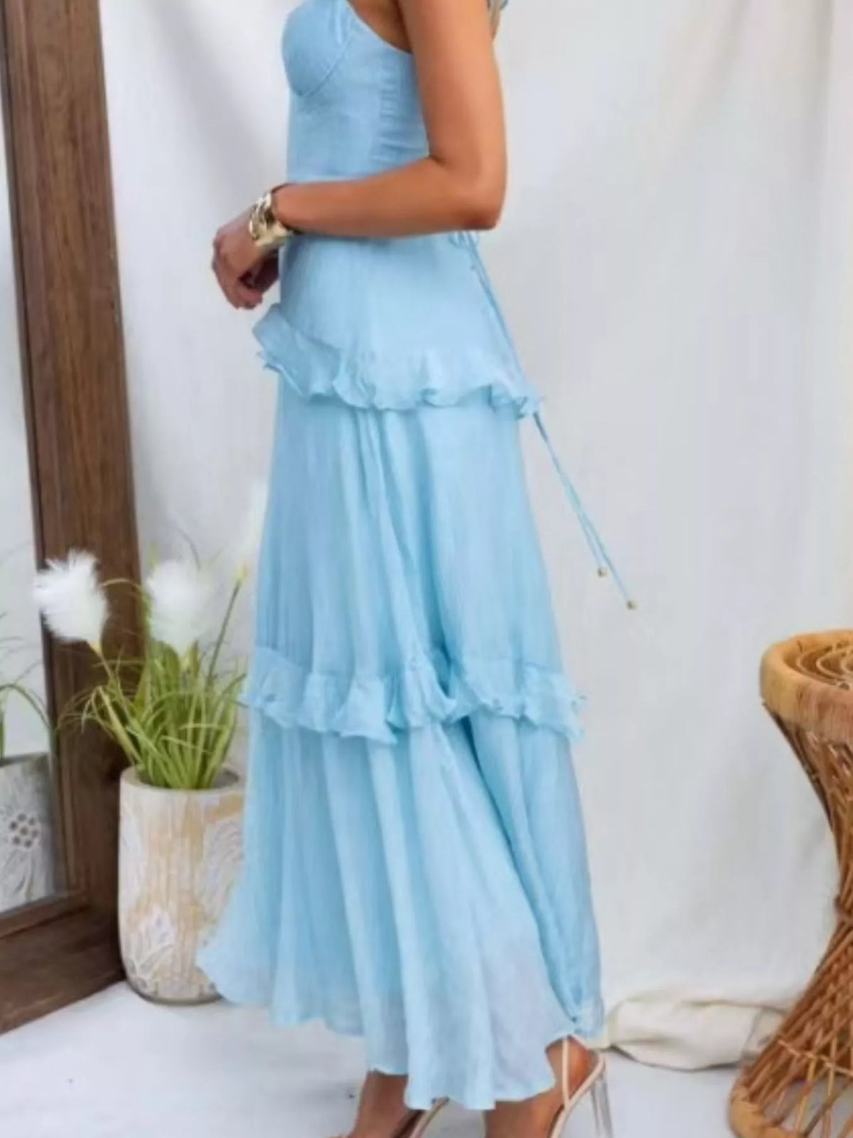 Ruffled Lace-Up Back Maxi Dress in Aqua