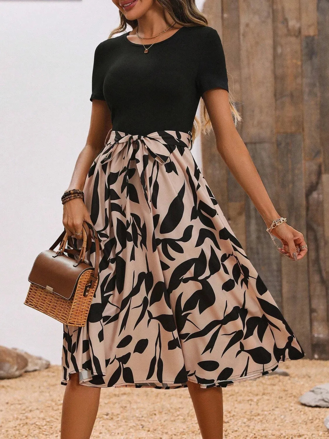 Belted Round Neck Midi Dress in Camel