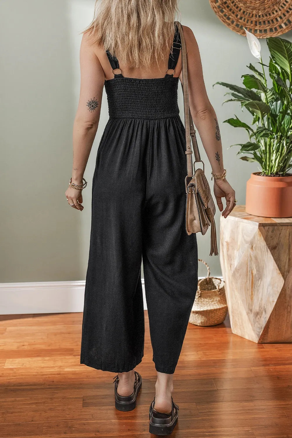 Front Cutout Smocked-Back Wide Leg Jumpsuit in Black