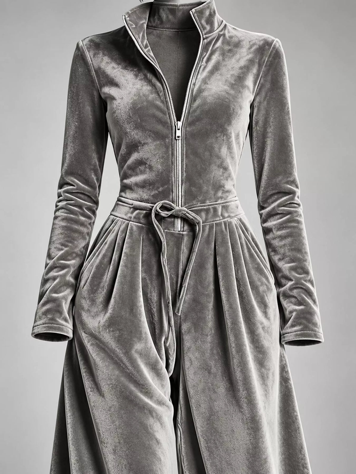 Velvet Zip-Up Jumpsuit with Tie Waist