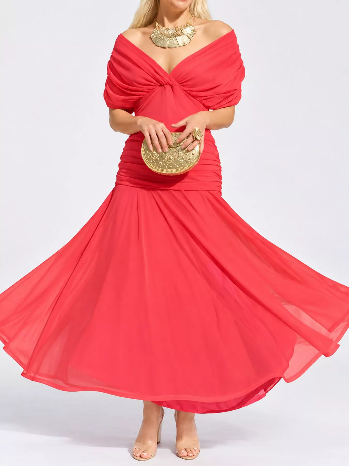Off-Shoulder Ruched Tulle Evening Maxi Dress