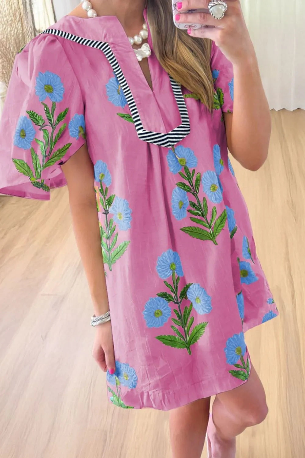 Floral Notched Mini Dress with Striped Trim