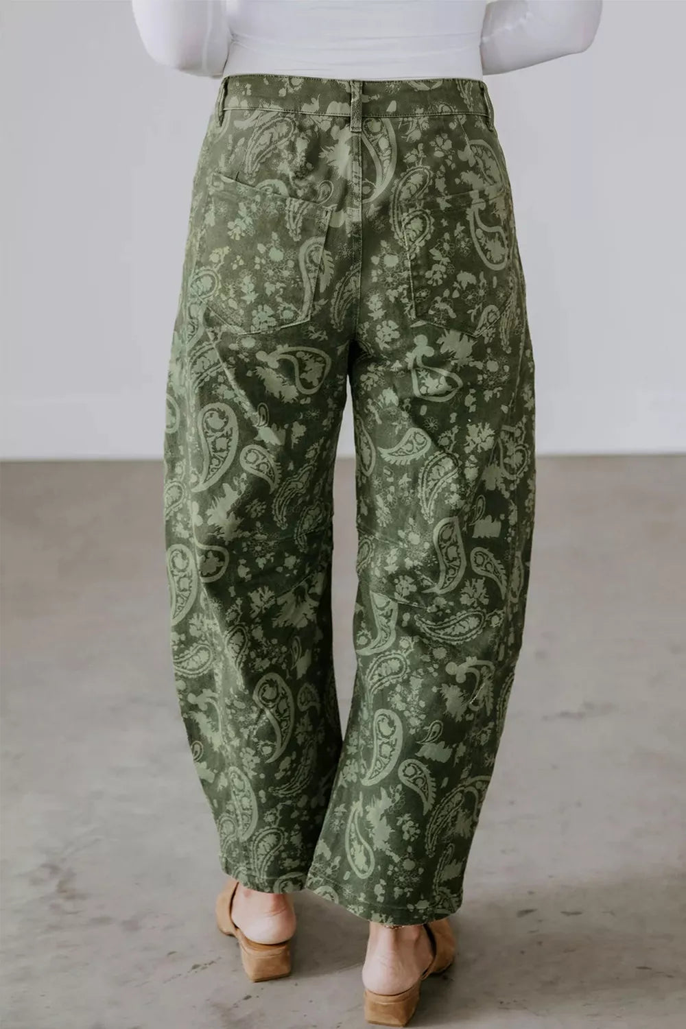 Paisley Print Harem Denim Pants in Dark Green