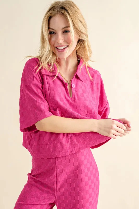 And The Why Checkerboard Oversized Top in Fuchsia