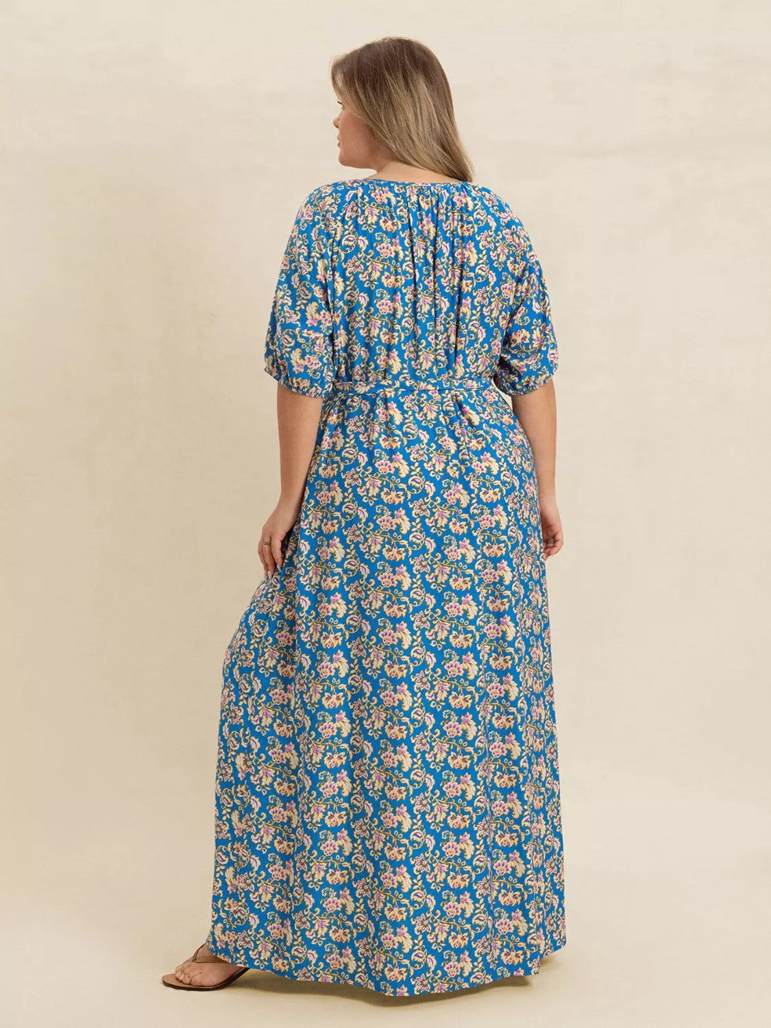 Plus Size Floral Maxi Dress with Side Slit in Blue