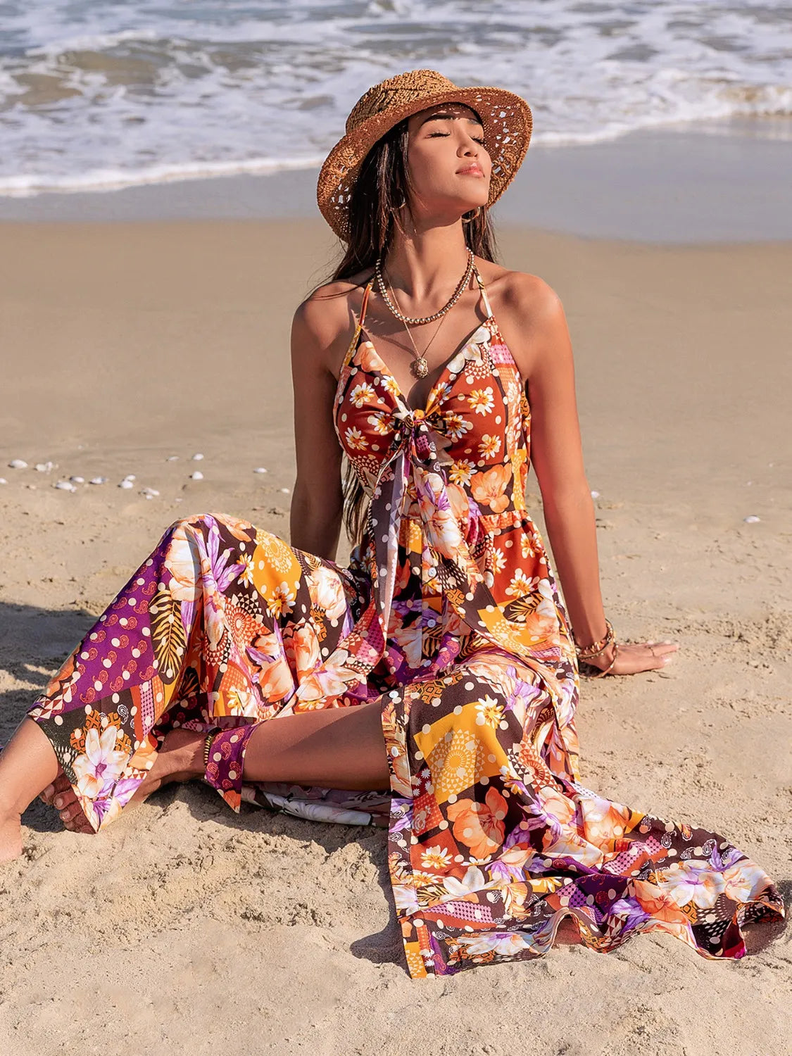 Printed Halter Neck Cami Dress in Multicolor