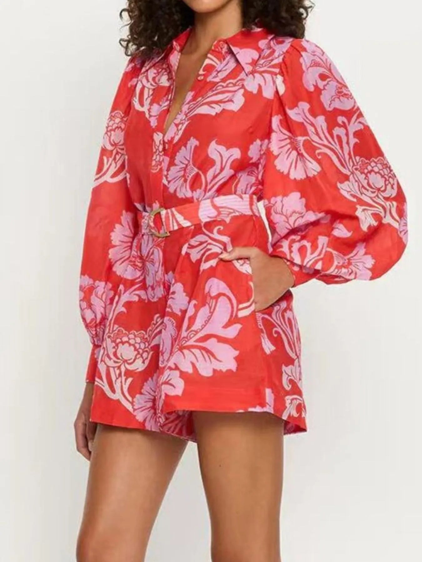 Printed Long Sleeve Belted Romper in Red