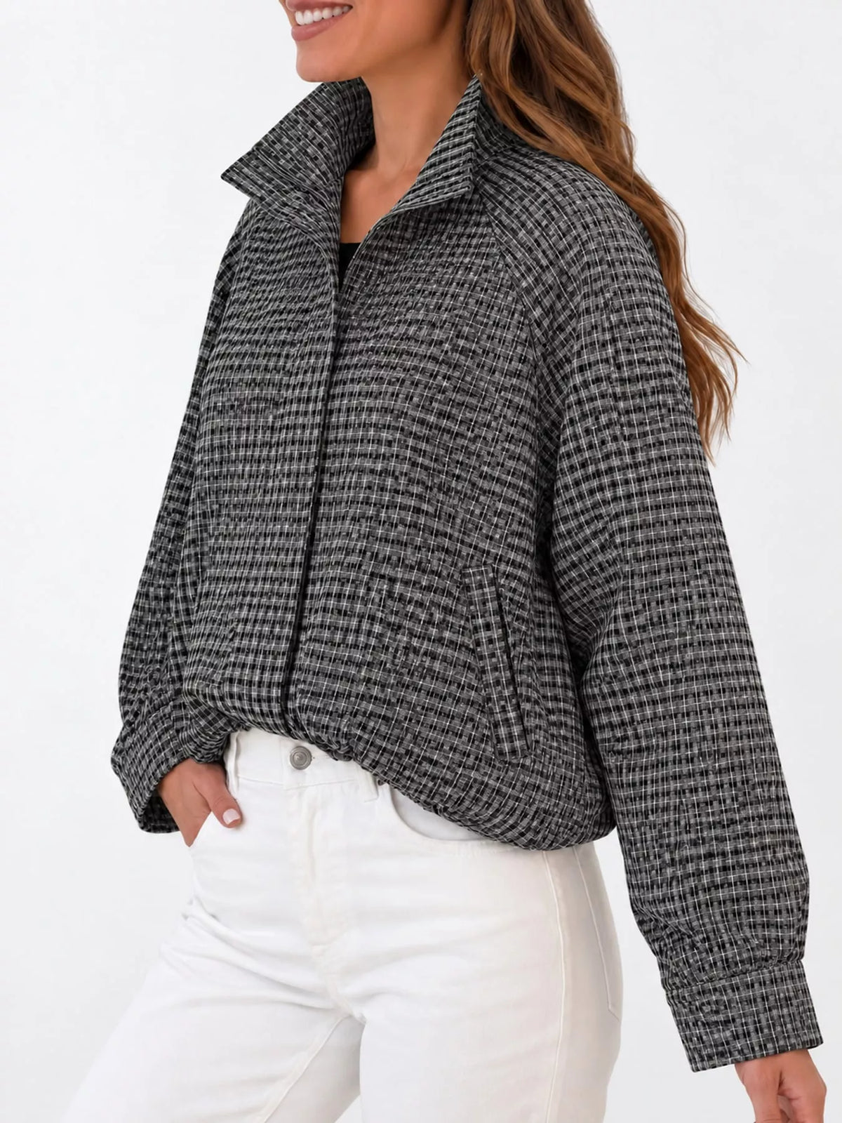 Plaid Stand-Collar Cropped Jacket