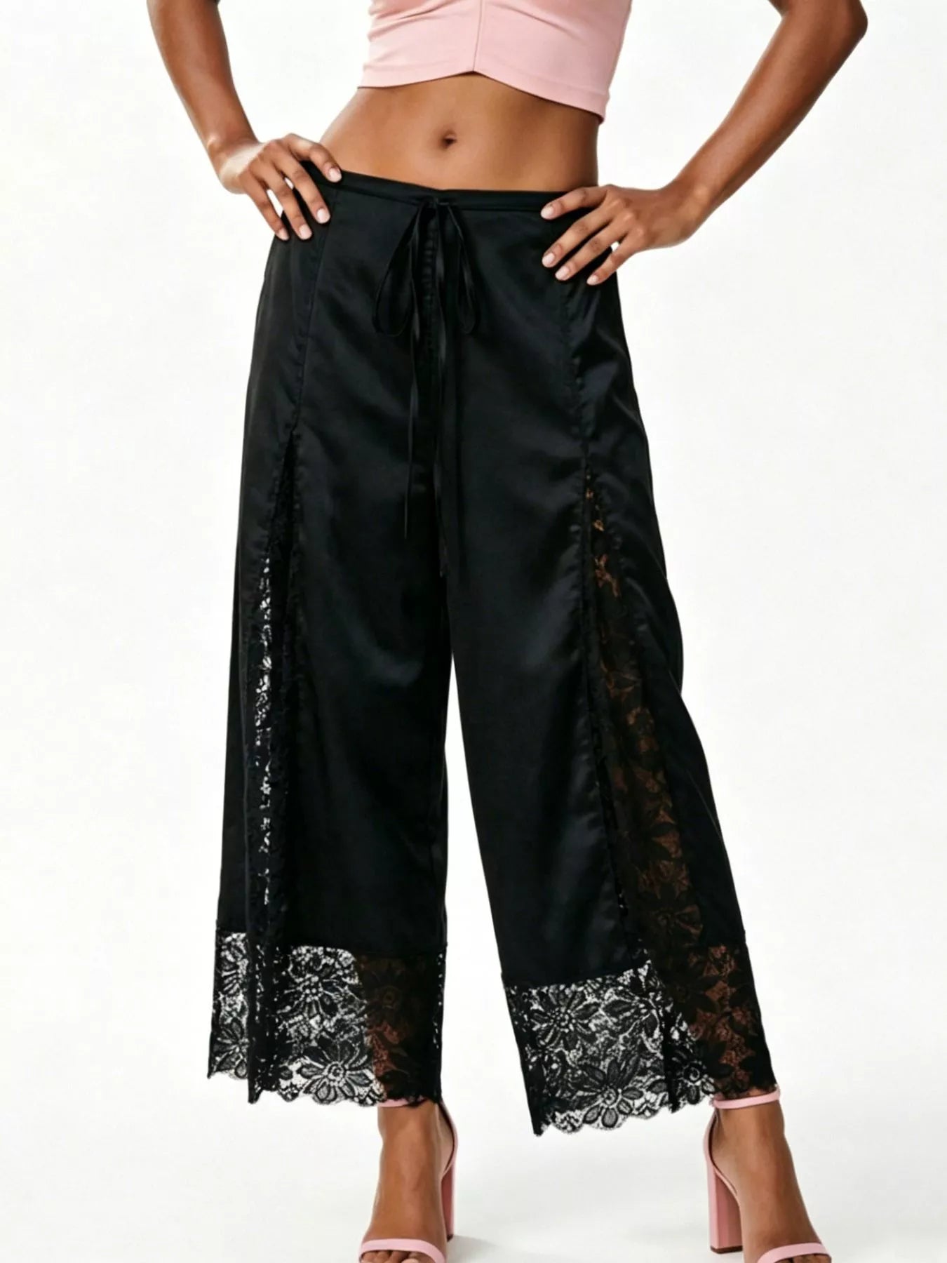 Lace-Trim Wide-Leg Cropped Pants