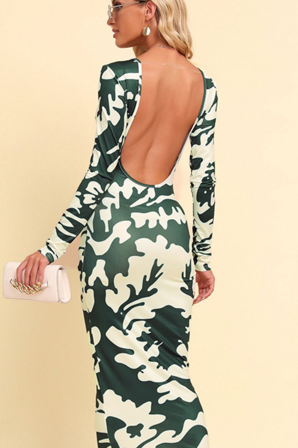 Backless Long Sleeve Maxi Dress in Green Camouflage