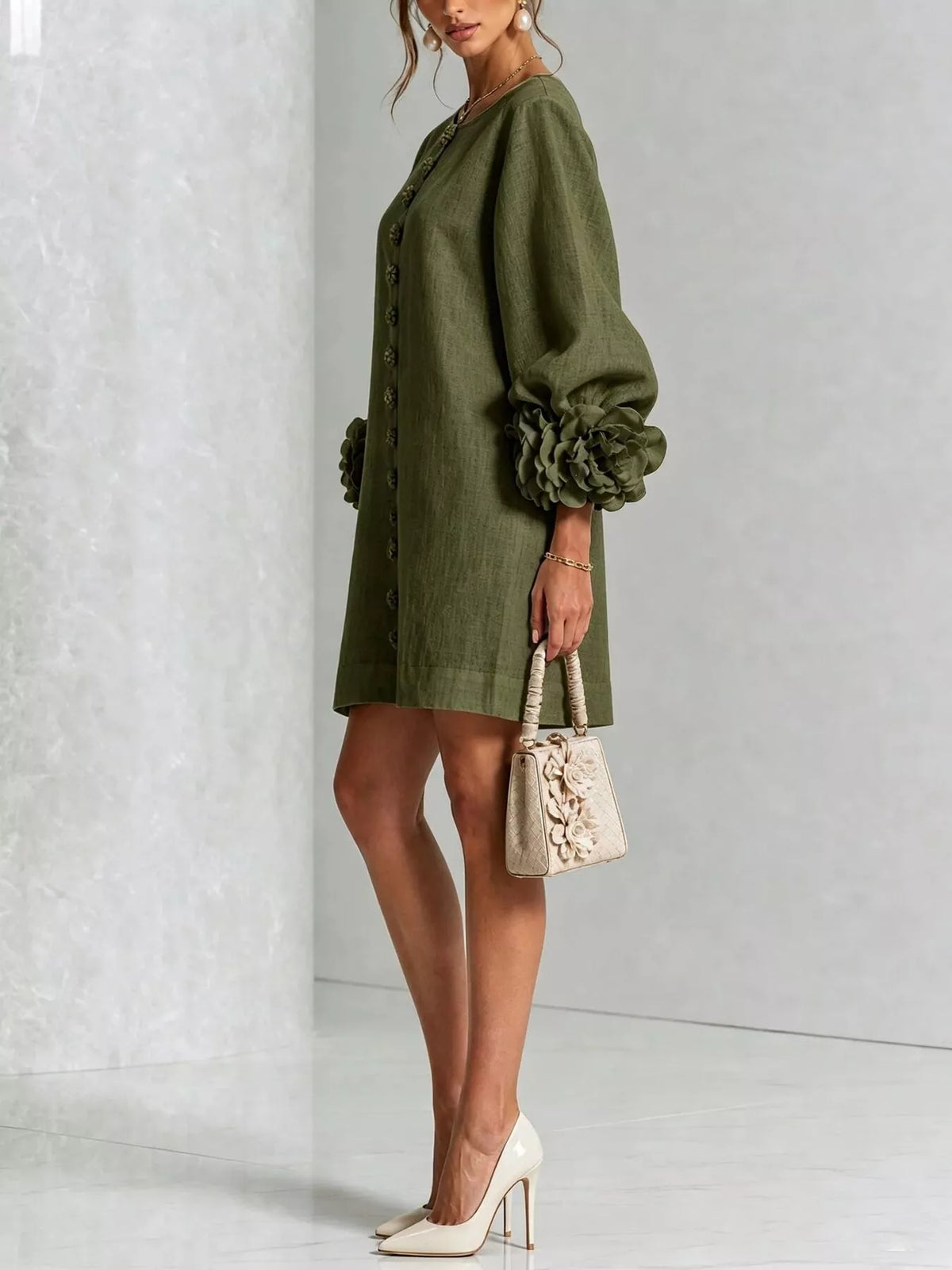 3D Floral Sleeve Round Neck Dress, Plus Size
