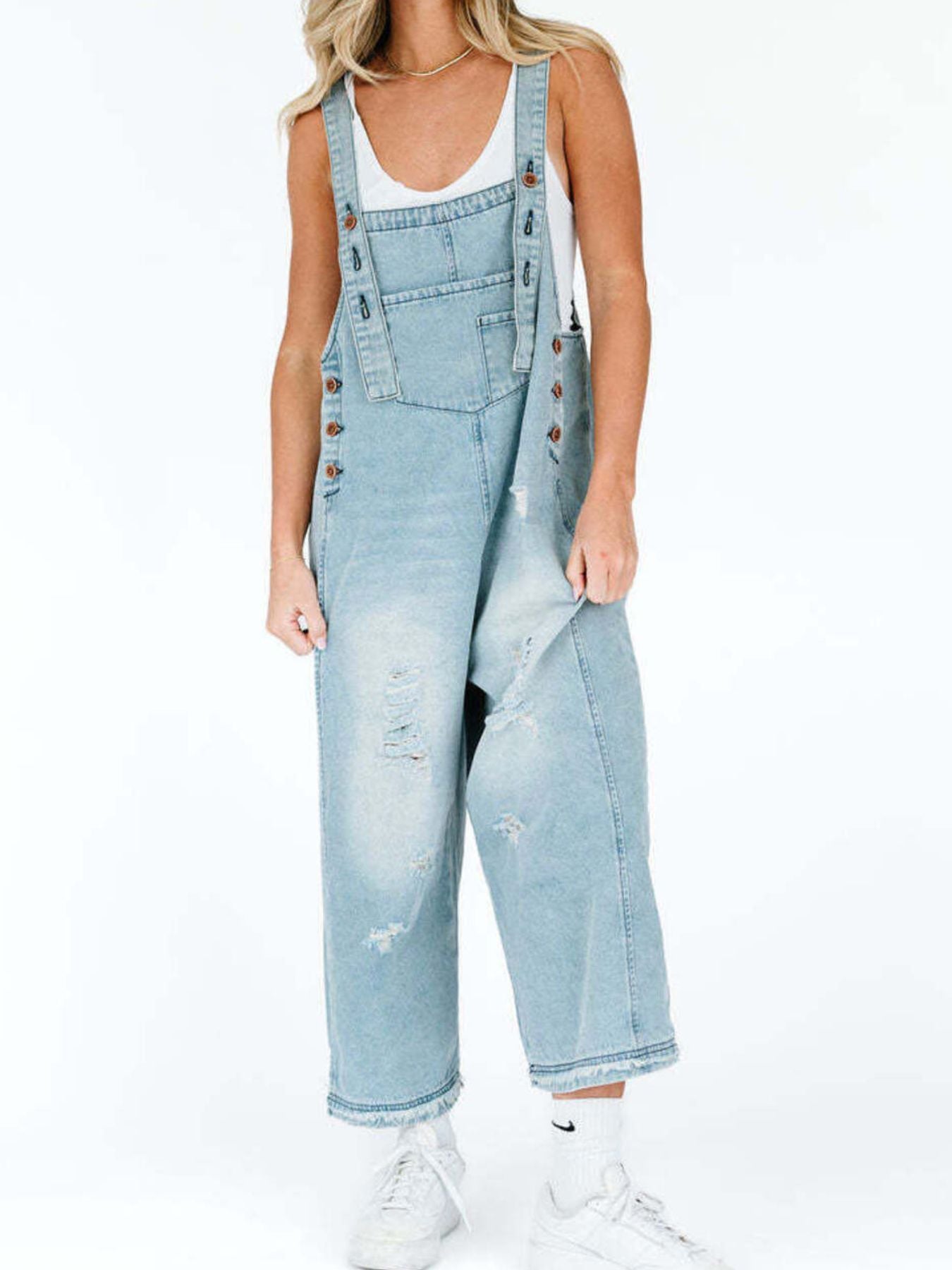 Distressed Wide Leg Denim Overalls by Dreamy Drapes
