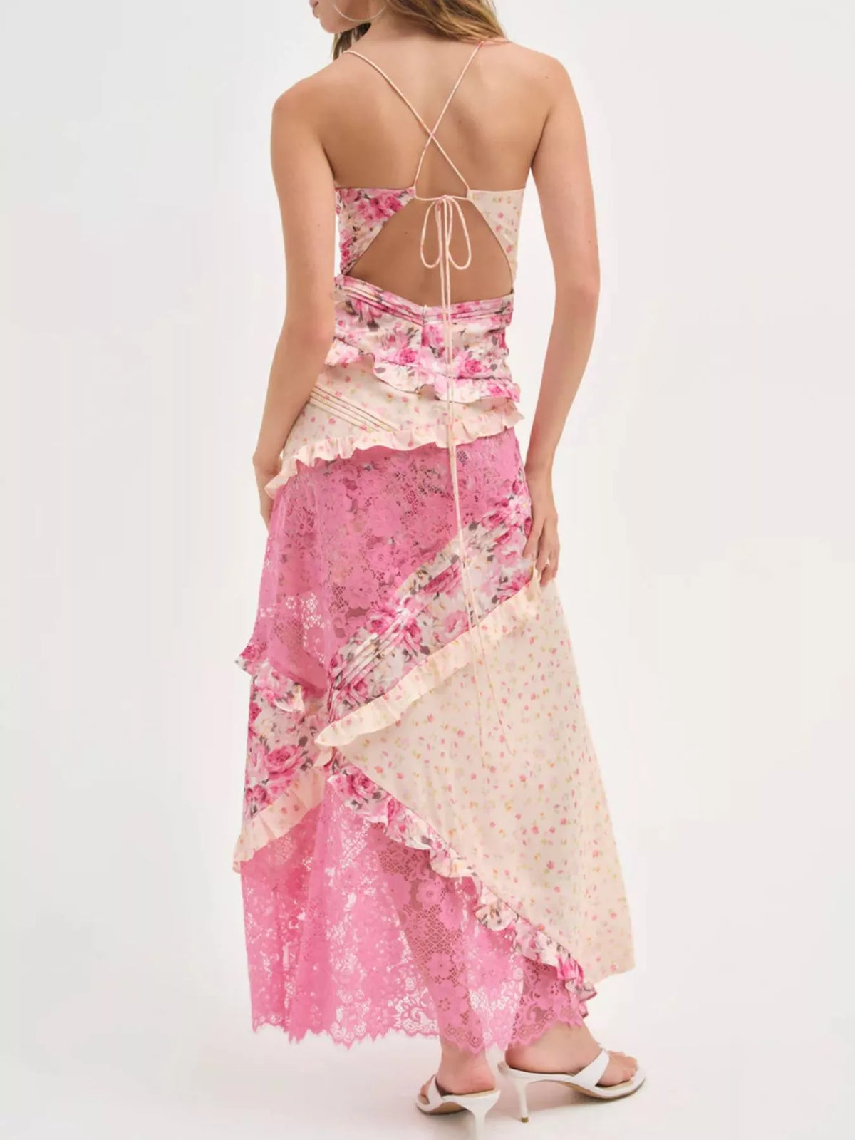Lace Floral Ruffle Trim Maxi Dress
