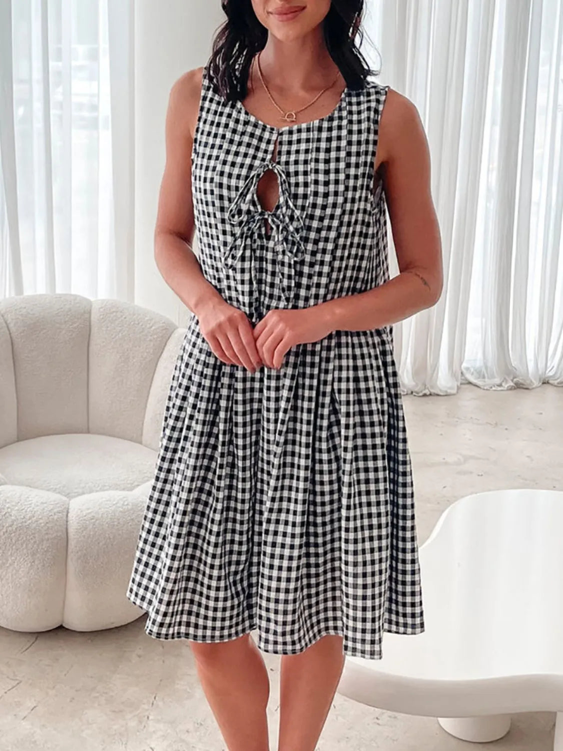 Tied Front Sleeveless Plaid Dress