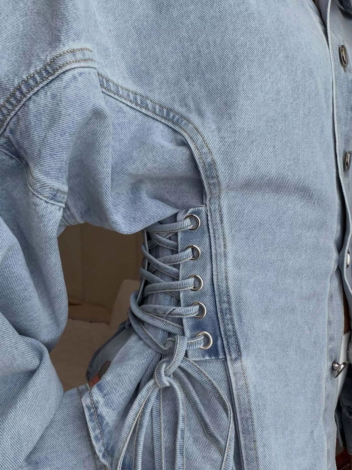 Lace-Up Side Denim Jacket in Light Blue