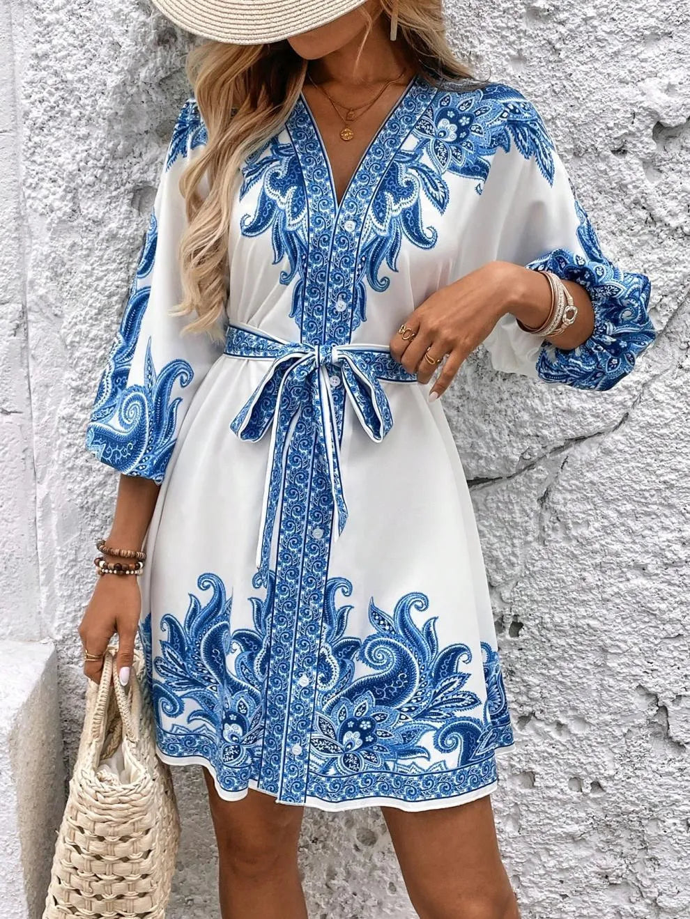 Paisley V-Neck 3/4 Sleeve Mini Dress