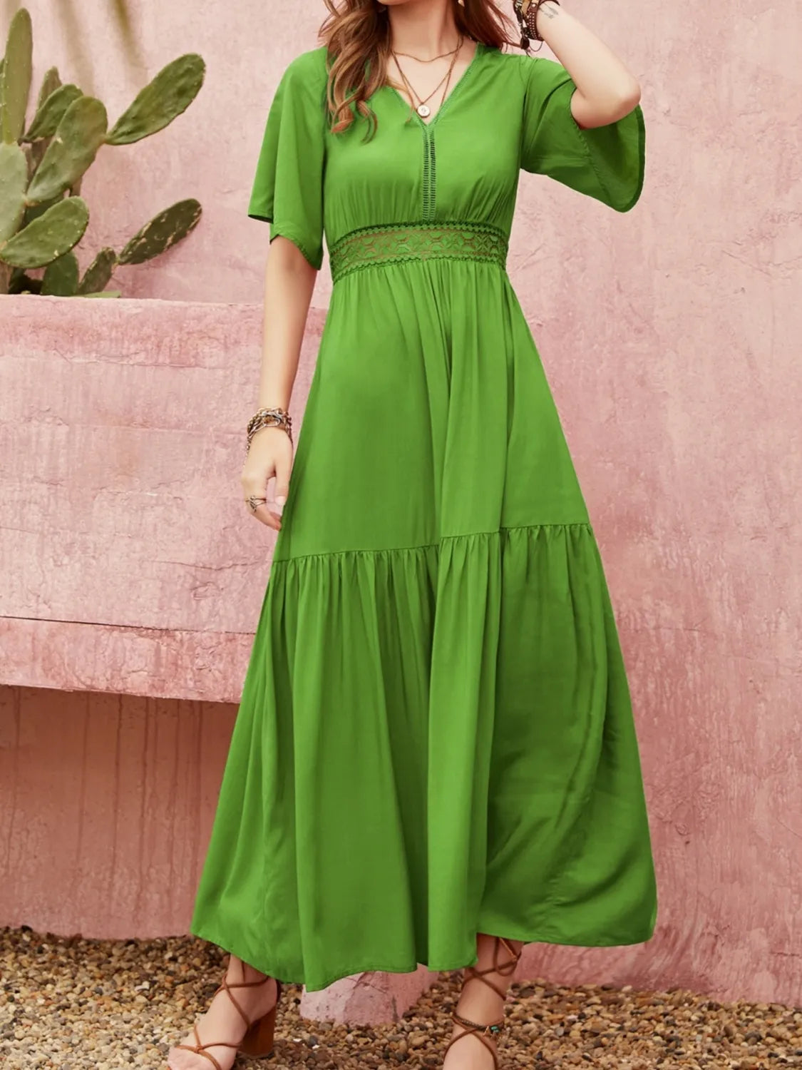 Lace Detail Tied V-Neck Dress in Green