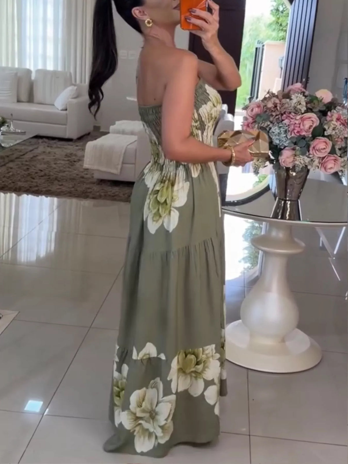 Floral Smocked Strapless Maxi Dress in Green