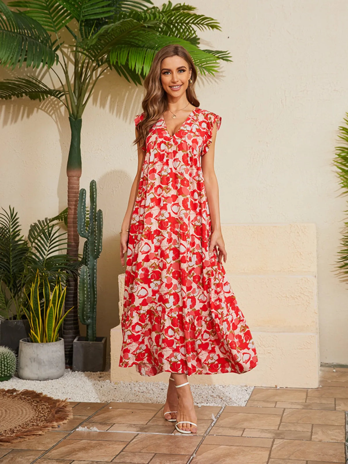 Floral V-Neck Cap Sleeve Summer Dress by Elaine