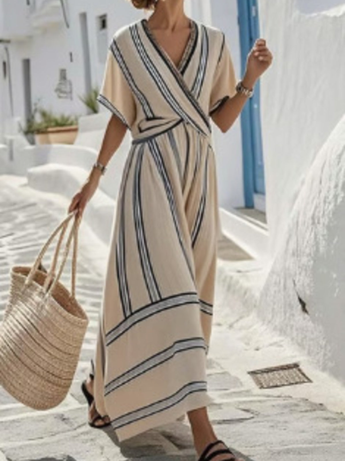 Striped Short Sleeve Wrap Maxi Dress