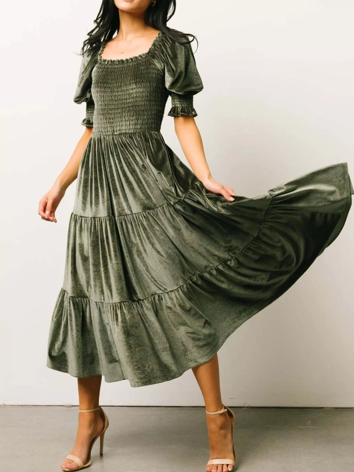 Smocked Tiered Velvet Midi Dress