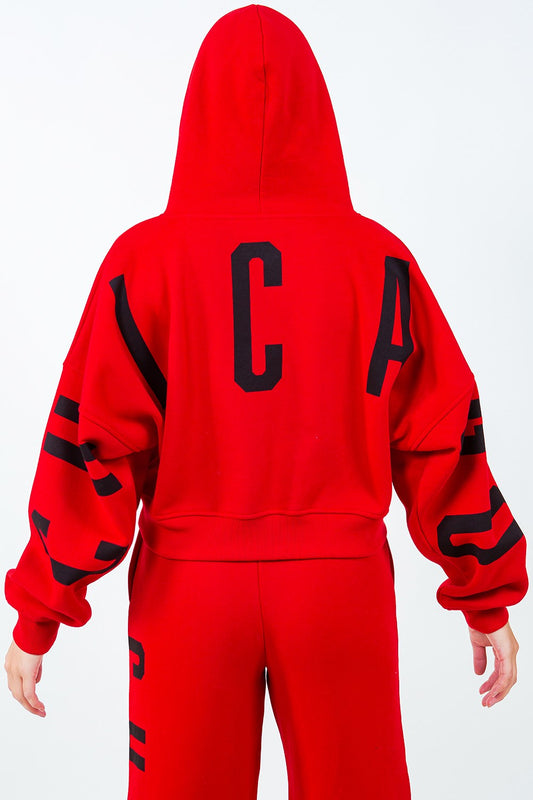 American Bazi Graphic Cropped Hoodie in Red
