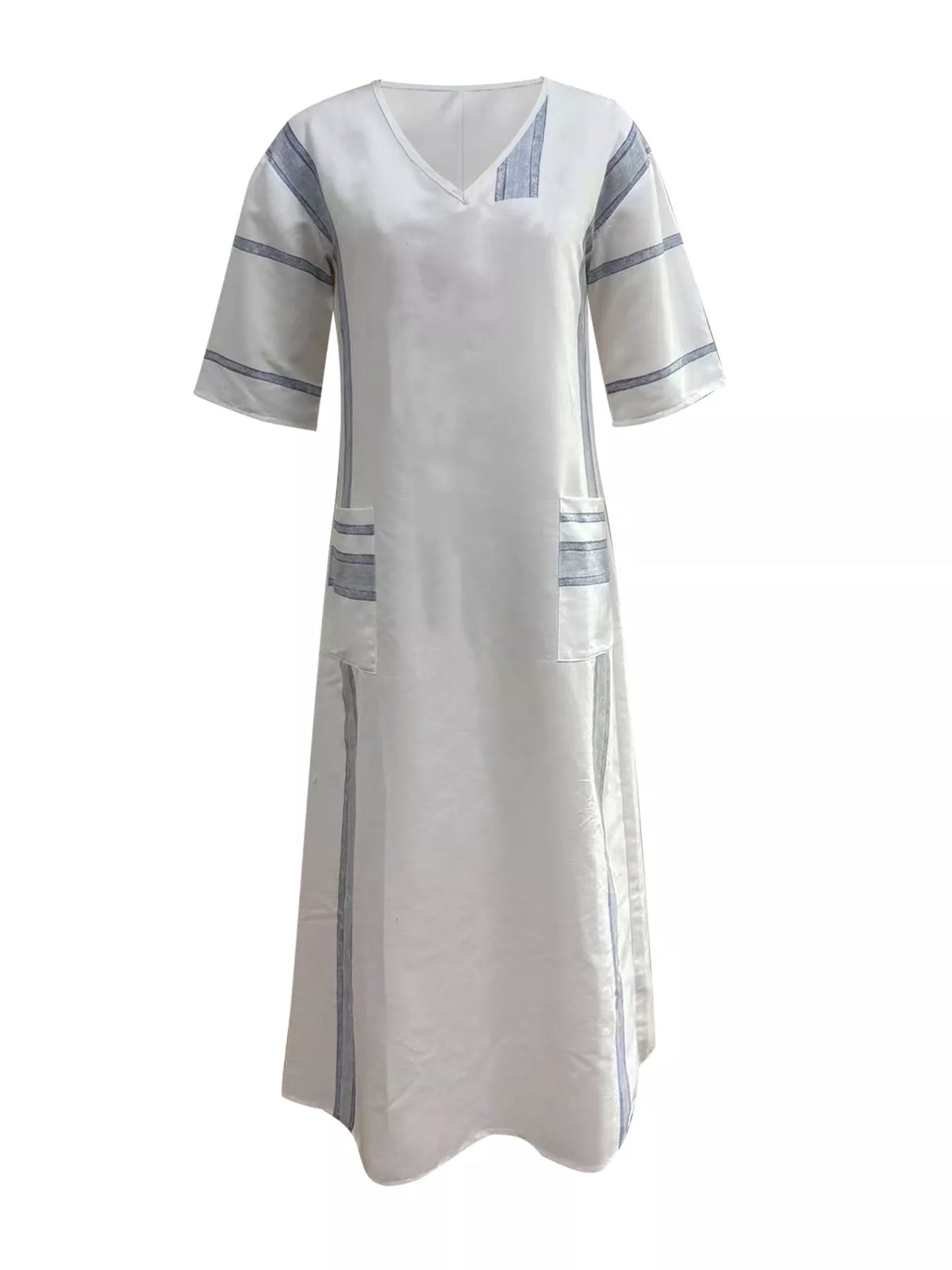 Striped V-Neck Maxi Dress in White
