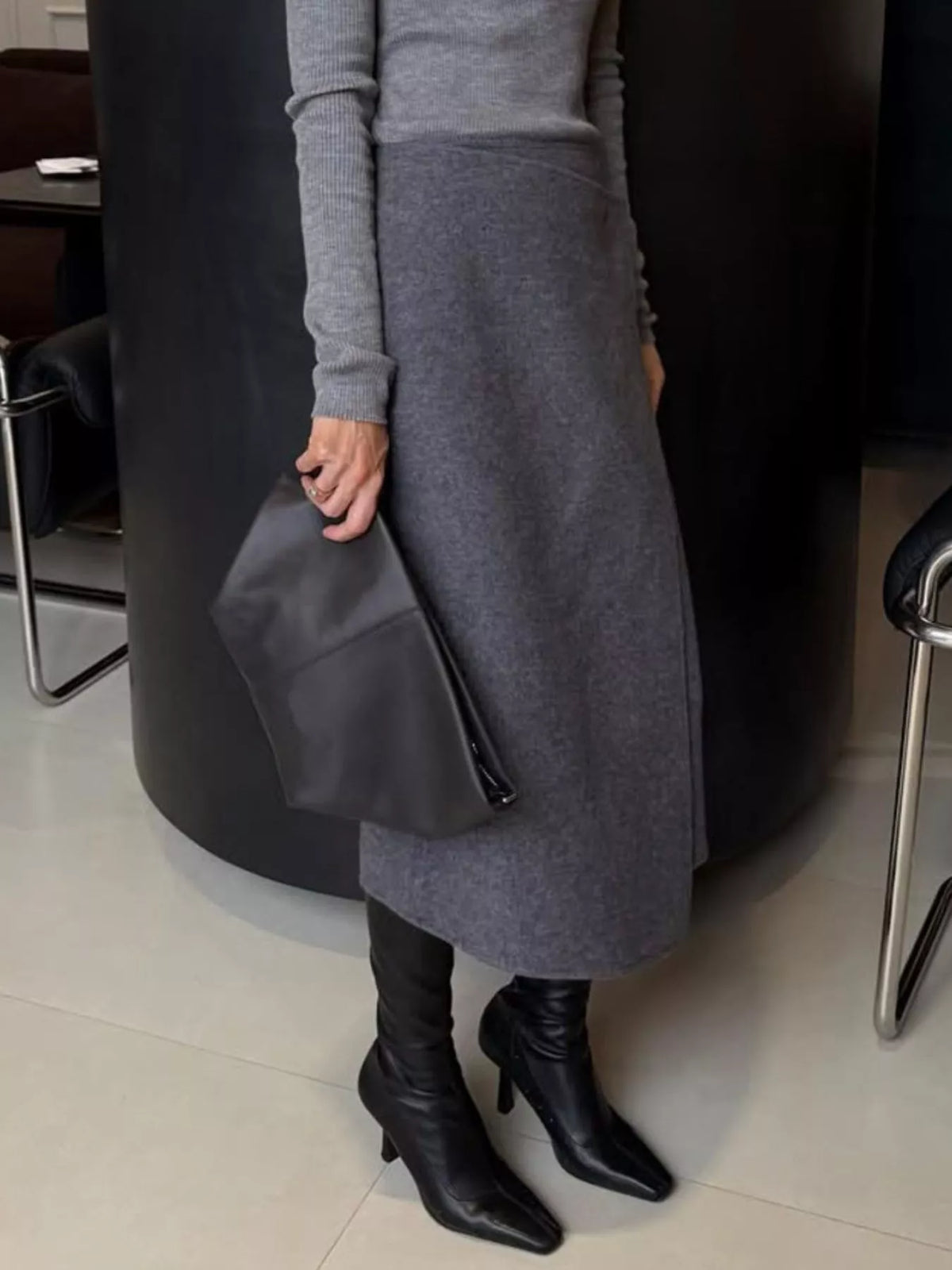 High-Waisted Wrap Midi Skirt in Gray